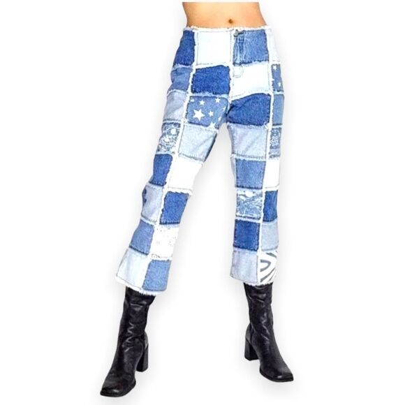 No Boundaries Y2k Patchwork Jeans Crop Raw Edge Waist Hemline Junior 15 - Picture 1 of 16